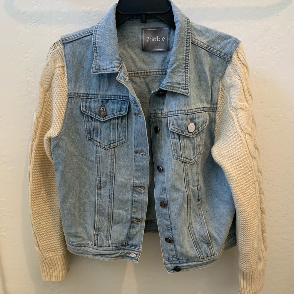 Denim jacket with sweater sleeves